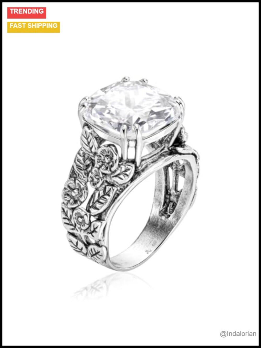 925 Sterling Silver Statement Ring Cushion Cubic Zirconia Floral Leaf Vintage